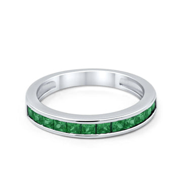 Half Eternity Band Wedding Ring Princess Cut Simulated Green Emerald CZ 925 Sterling Silver